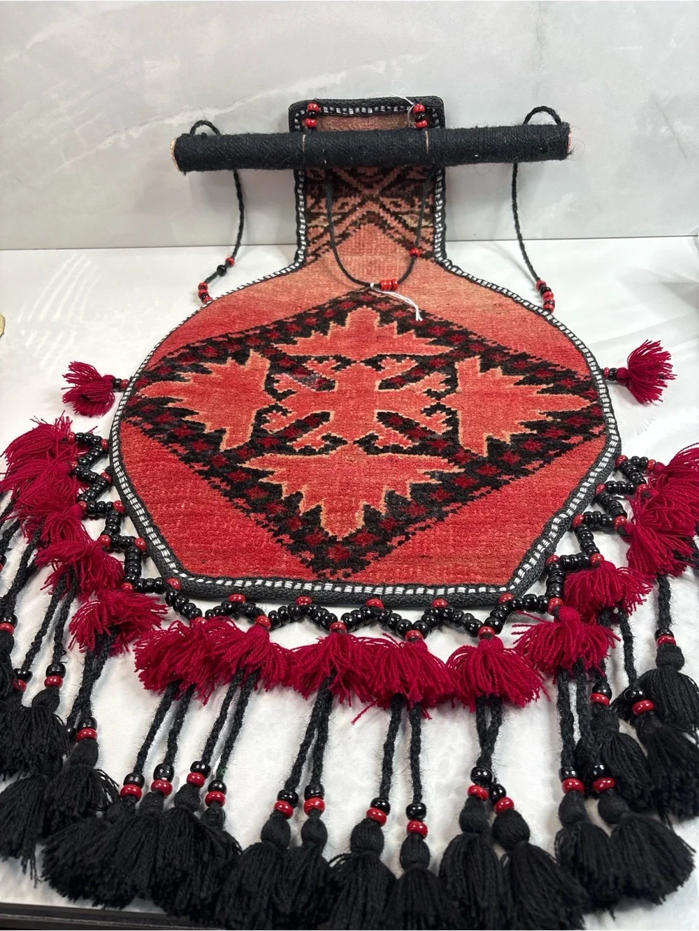 Vintage Tribal Textile Wall Hanging w/ Tassels & Beads – 32” x 14” Boho Decor